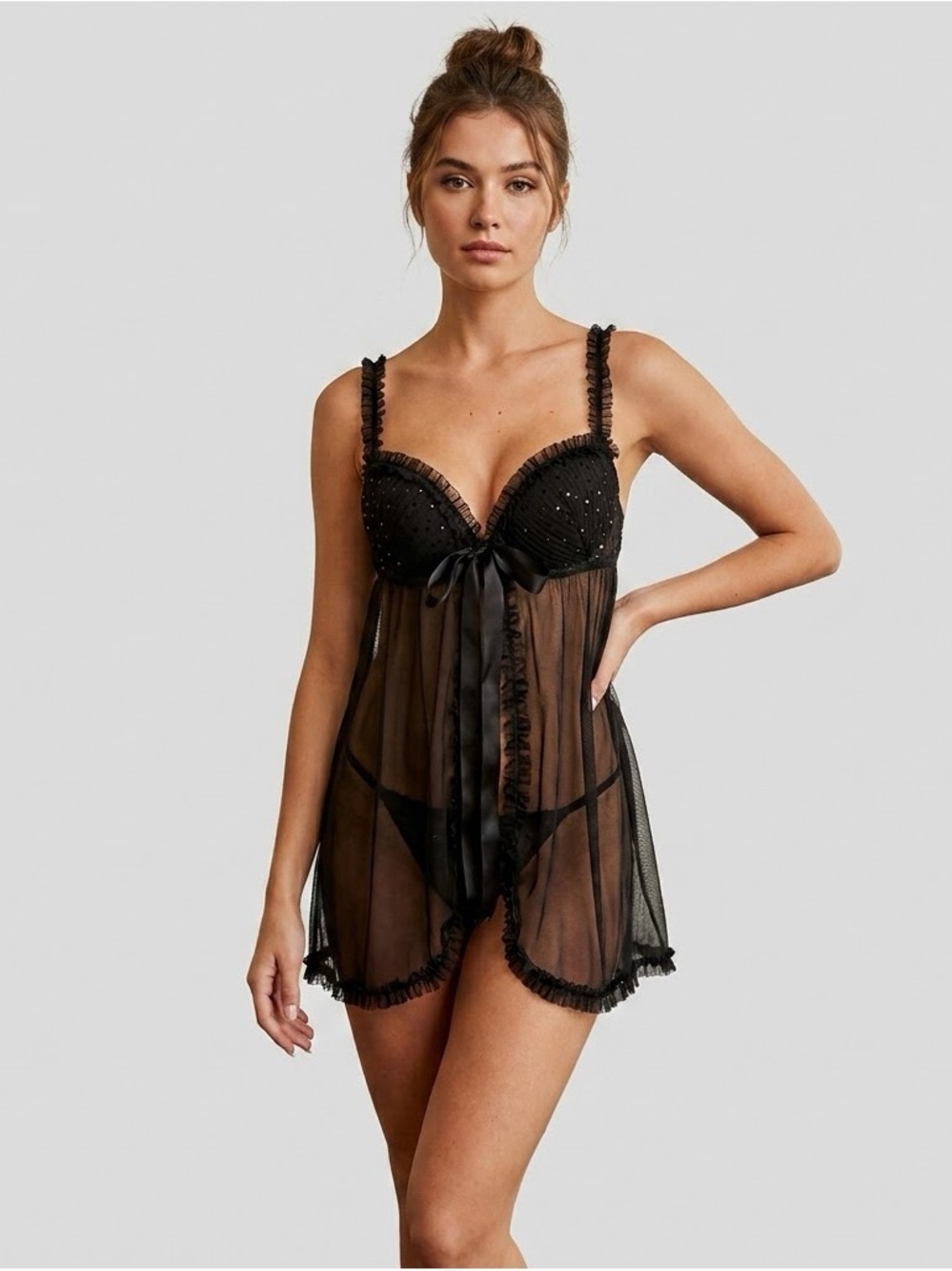 Victoria’s Secret Sexy Little Things Black Sequin Mesh Babydoll 36C
